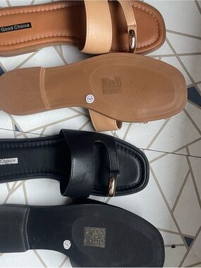 Good Choice Slide Sandals in Black and Tan with Metal Accent